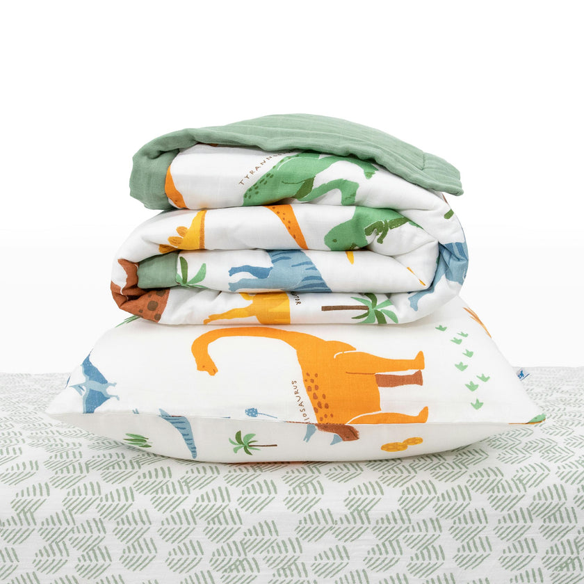 Cotton Muslin Toddler Bedding 3 Piece Set - Dino Names