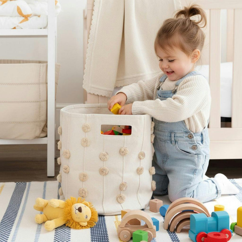 Handmade Canvas Storage Basket Pom Pom - Pecan
