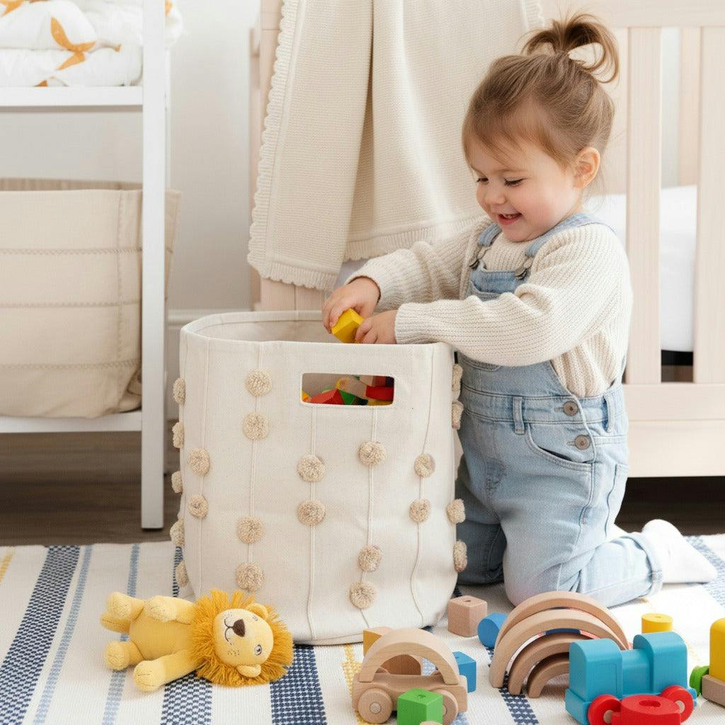 Handmade Canvas Storage Basket Pom Pom