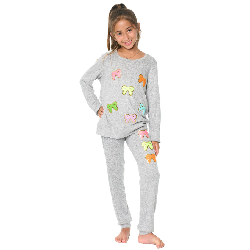 Hacci Sweatpants with Assorted Color Glitter Chenille Bow Patches