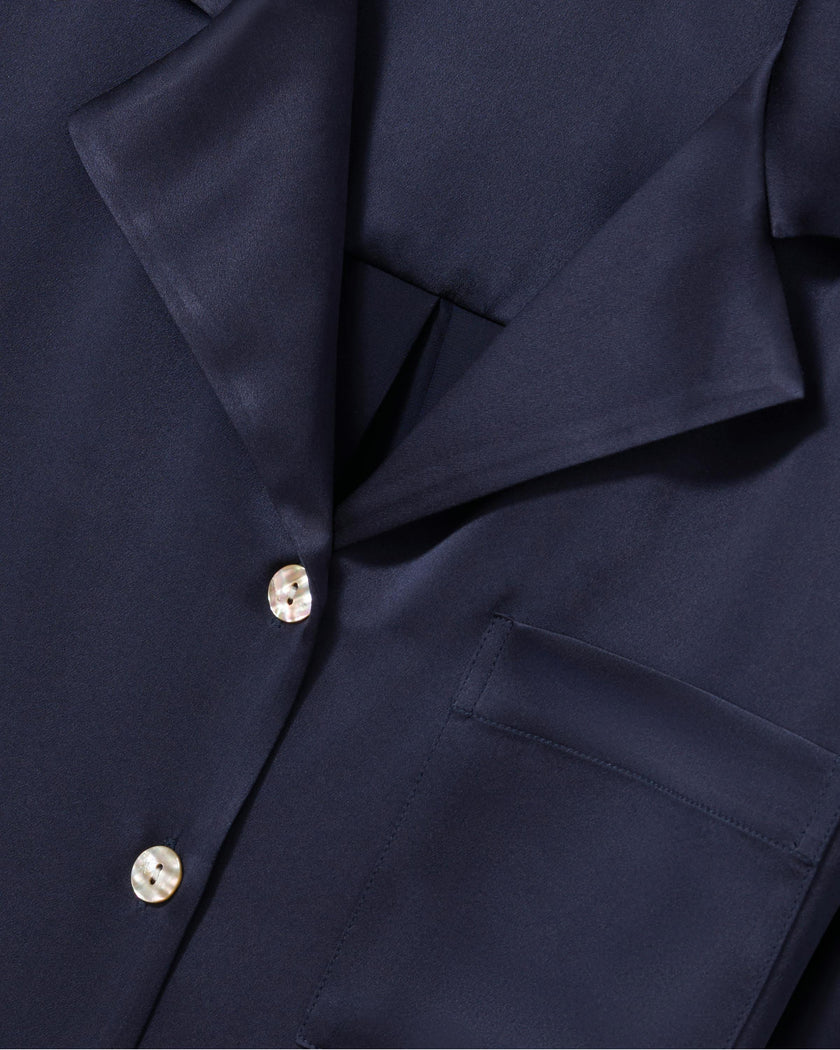 The Olivia Wide Leg Silk Pajama Set in Navy