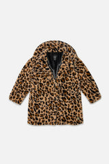 Faux Fur Long Coat Brown Leopard Print