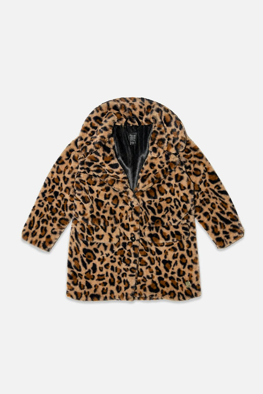 Faux Fur Long Coat Brown Leopard Print