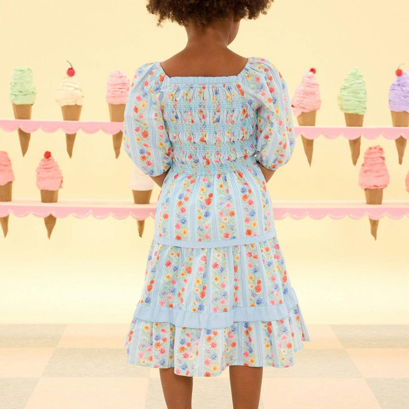 Mini Roselyn Dress in Blue Linear Floral Print