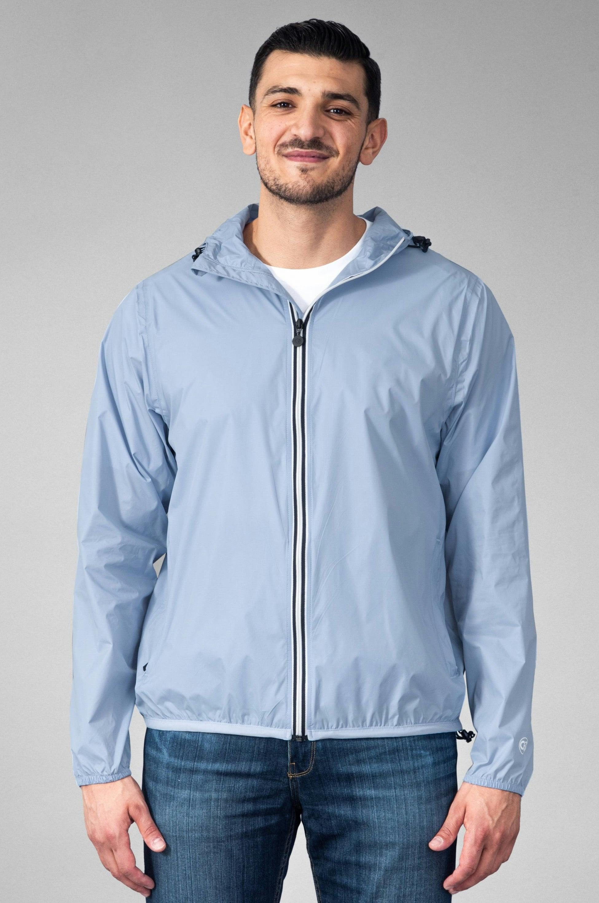 Powder blue full zip packable rain jacket and windbreaker