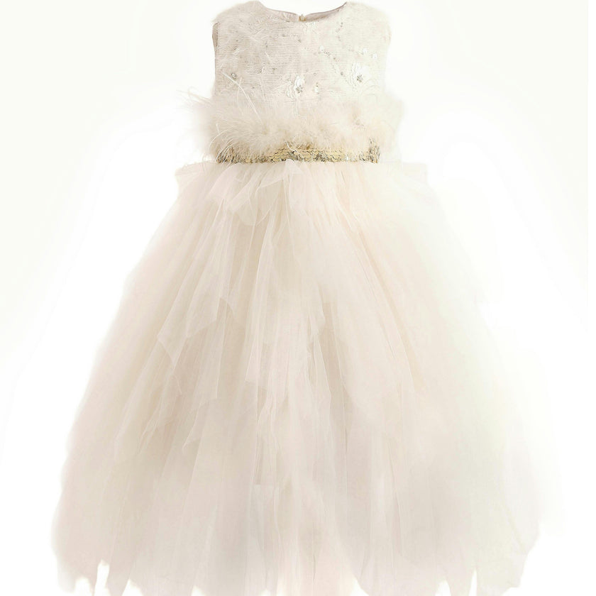 Ivory Feathered Tulle Party Dress