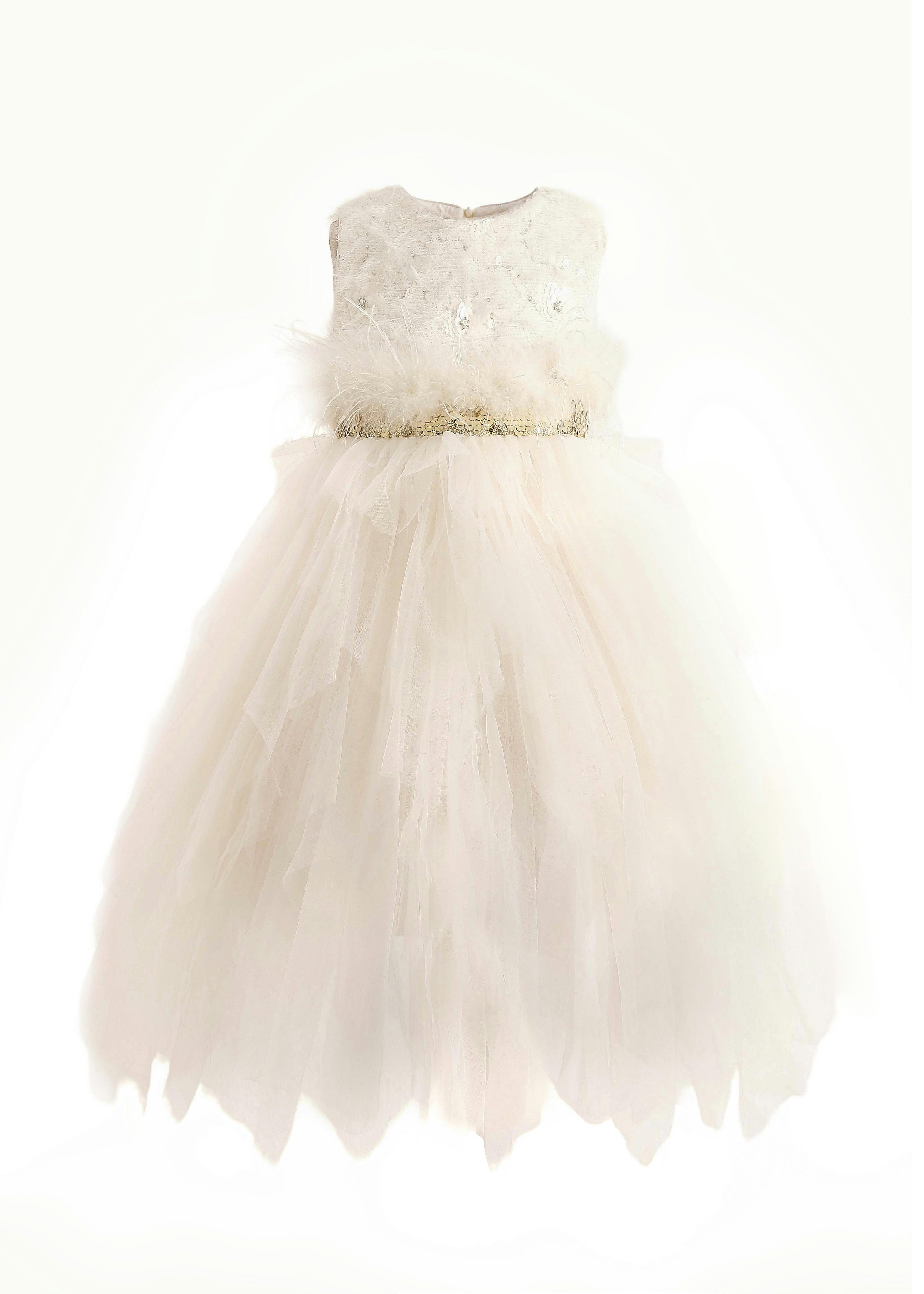 Ivory Feathered Tulle Party Dress