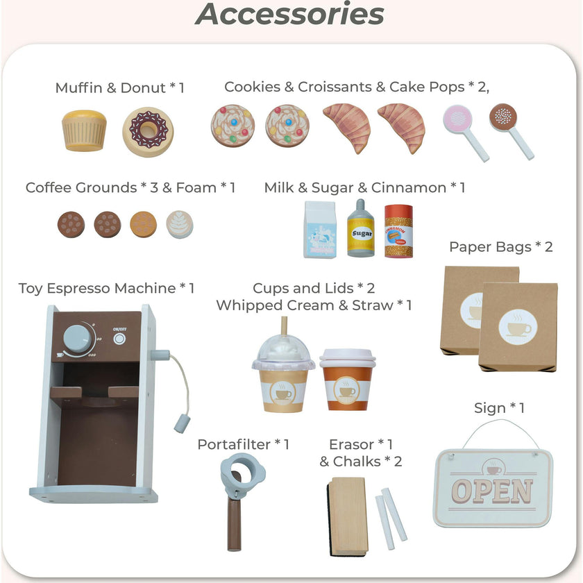 Teamson Kids Espresso Treats Wooden Coffee Stand with 29 Pcs Accessories