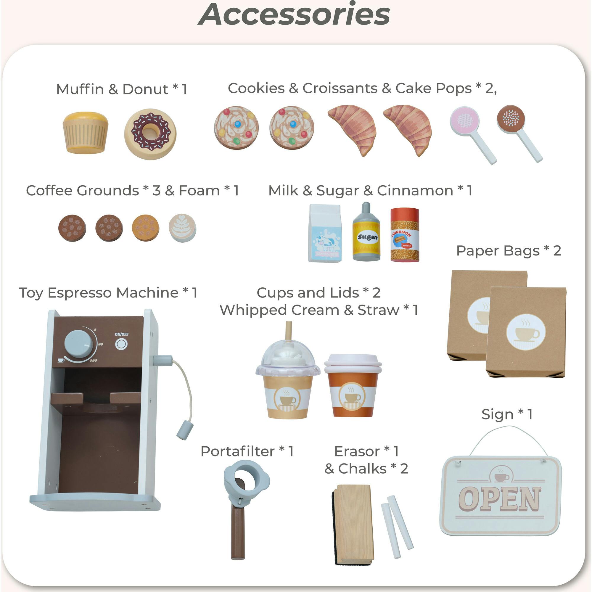 Teamson Kids Espresso Treats Wooden Coffee Stand with 29 Pcs Accessories