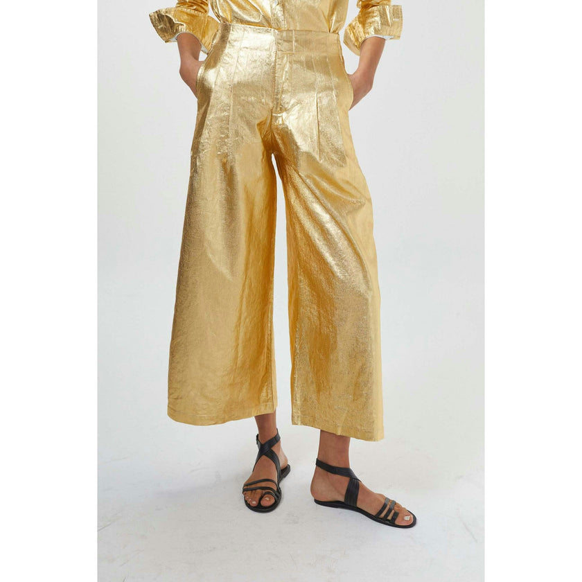 Culotte Metallic Linen Pants - Gold