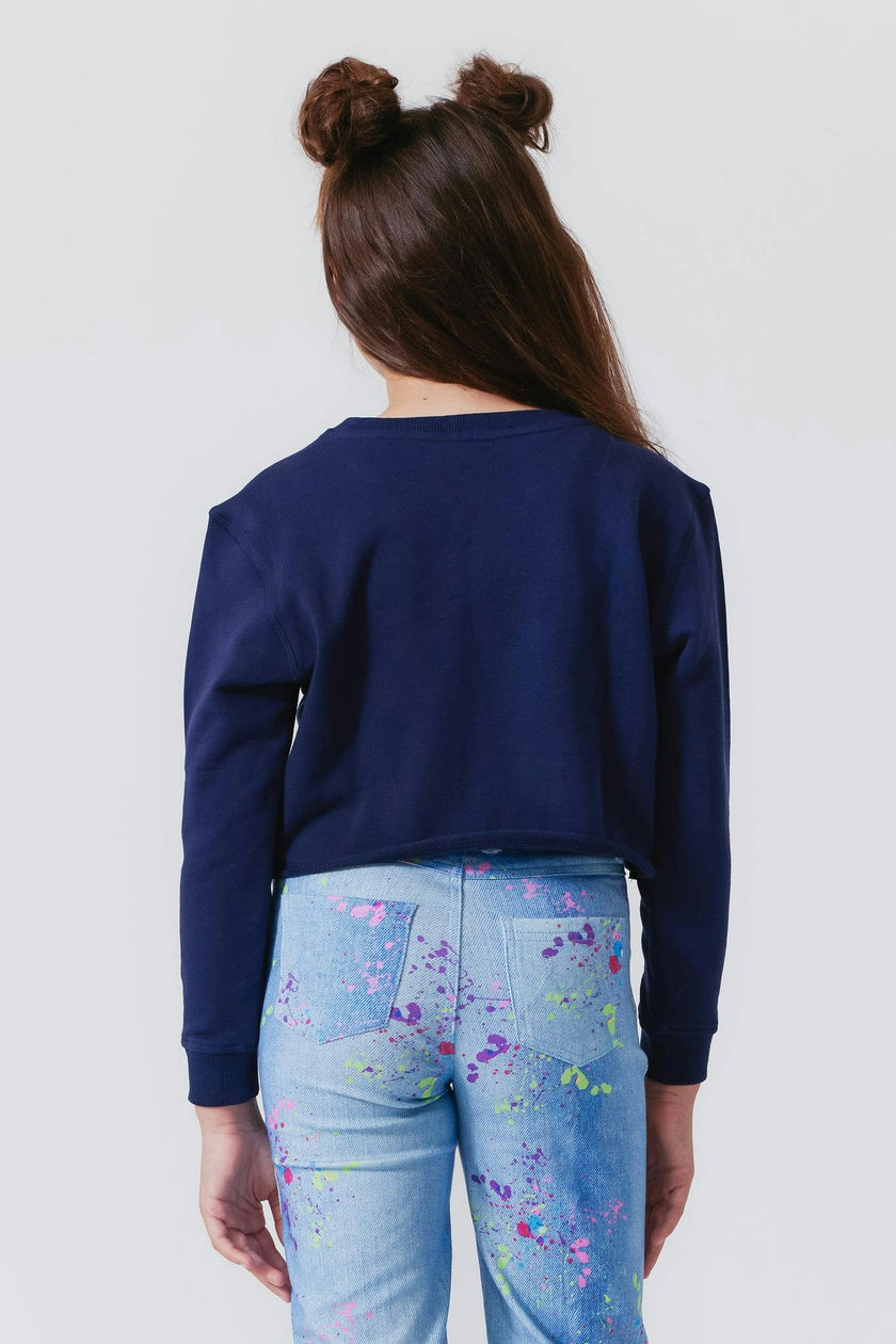 Girls Raw Hem Crew Neck Long Sleeve Crop Sweatshirts