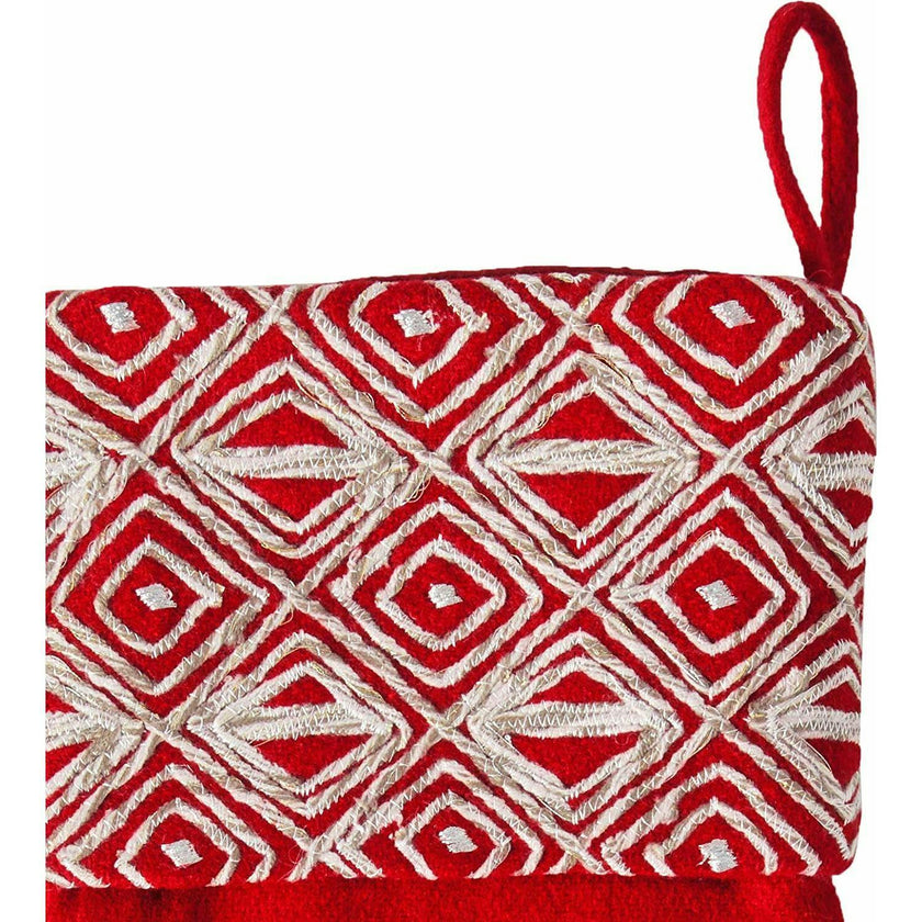 Red Christmas Stocking Geo Embroidered Cuff Wool