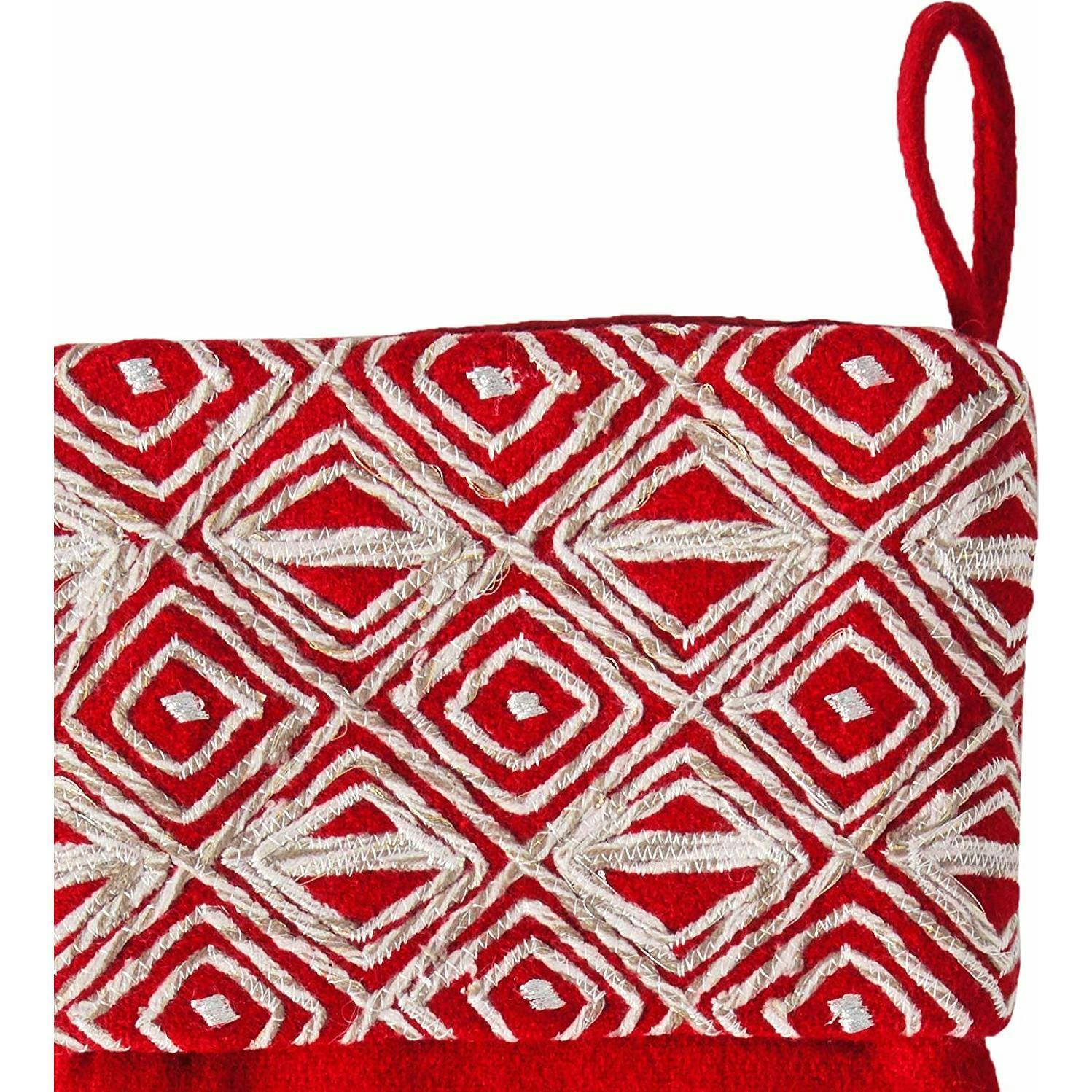 Red Christmas Stocking with Geo Embroidered Cuff in Recycled Wool