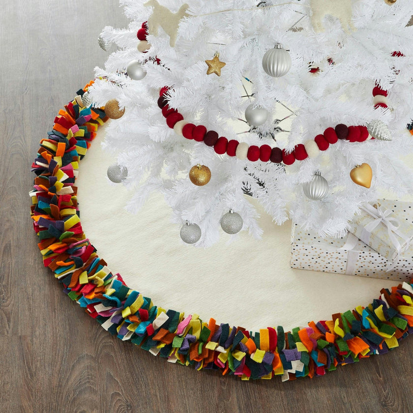 Handmade Felt Multicolor Fringe Border Cream Christmas Tree Skirt - 51" / 72"