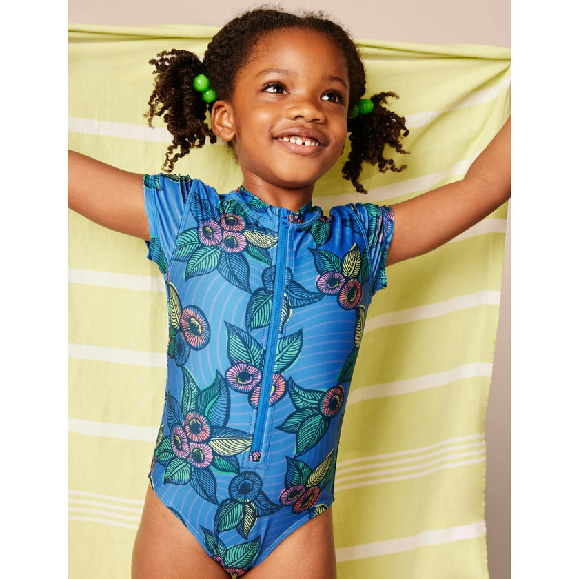 Short Sleeve Zipped Rash Guard One-Piece Swimsuit, Blue