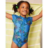 Short Sleeve Zipped Rash Guard One-Piece Swimsuit, Blue