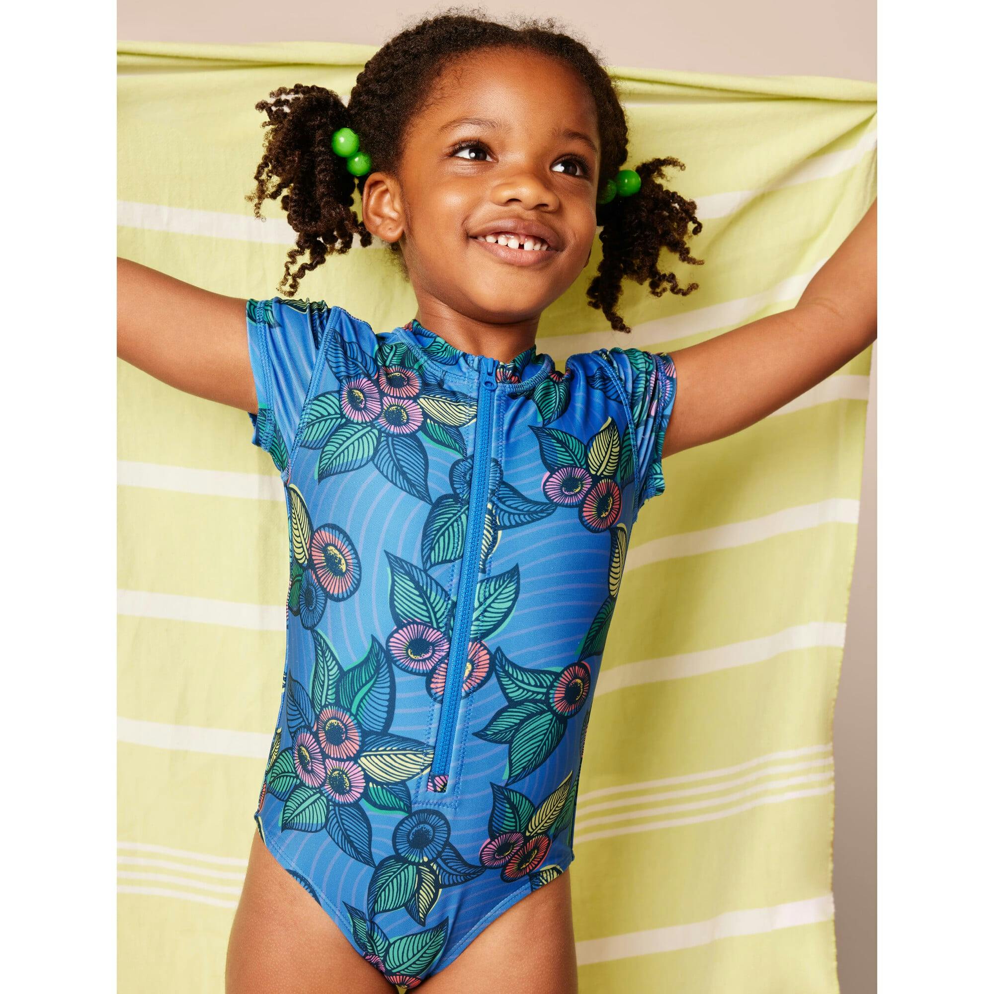 Short Sleeve Zipped Rash Guard One-Piece Swimsuit, Blue