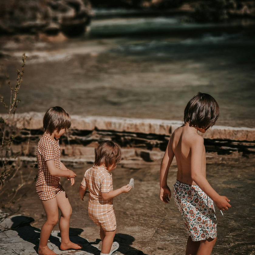 Short Sleeve Rashguard Swimsuit | UPF + Recycled - Buckwheat Plaid