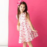 Pink Bows Ruffle Neck Sleeveless Back Button Side Pocket Dress