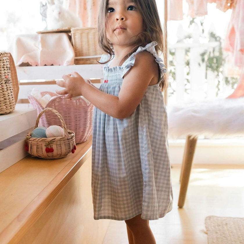Smock Flutter Dress in Blue Gingham/Cherry