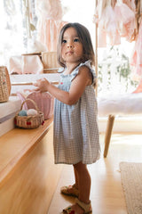 Smock Flutter Dress in Blue Gingham/Cherry