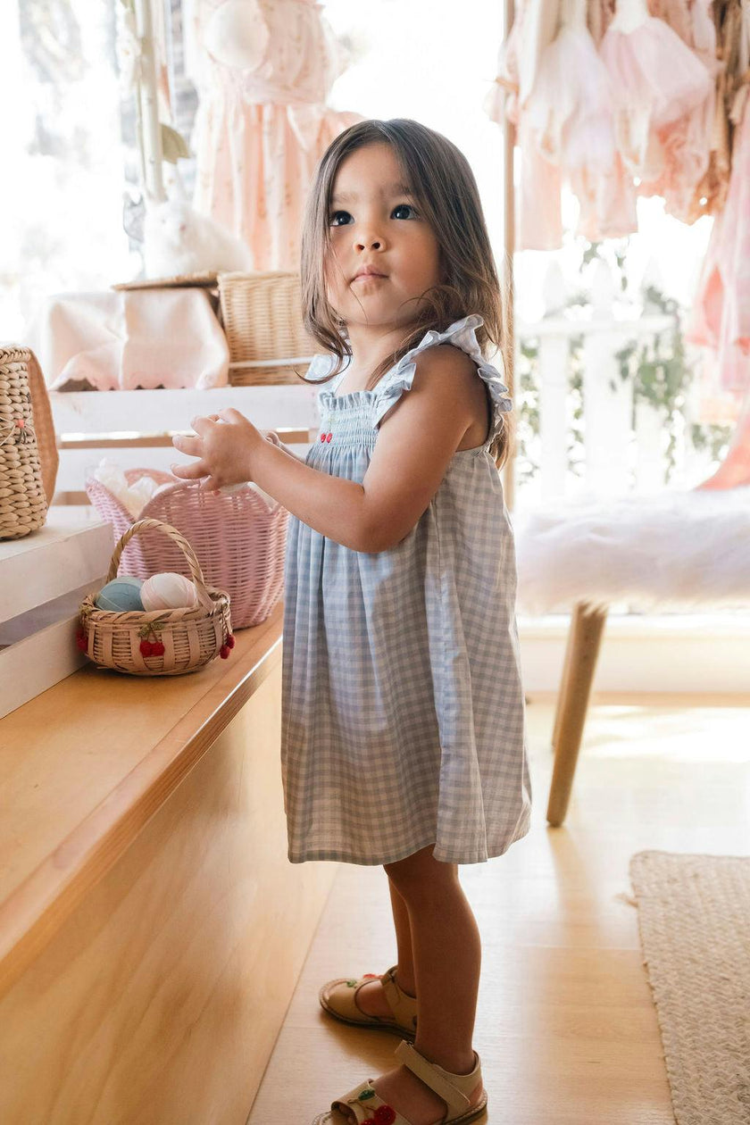 Smock Flutter Dress in Blue Gingham/Cherry