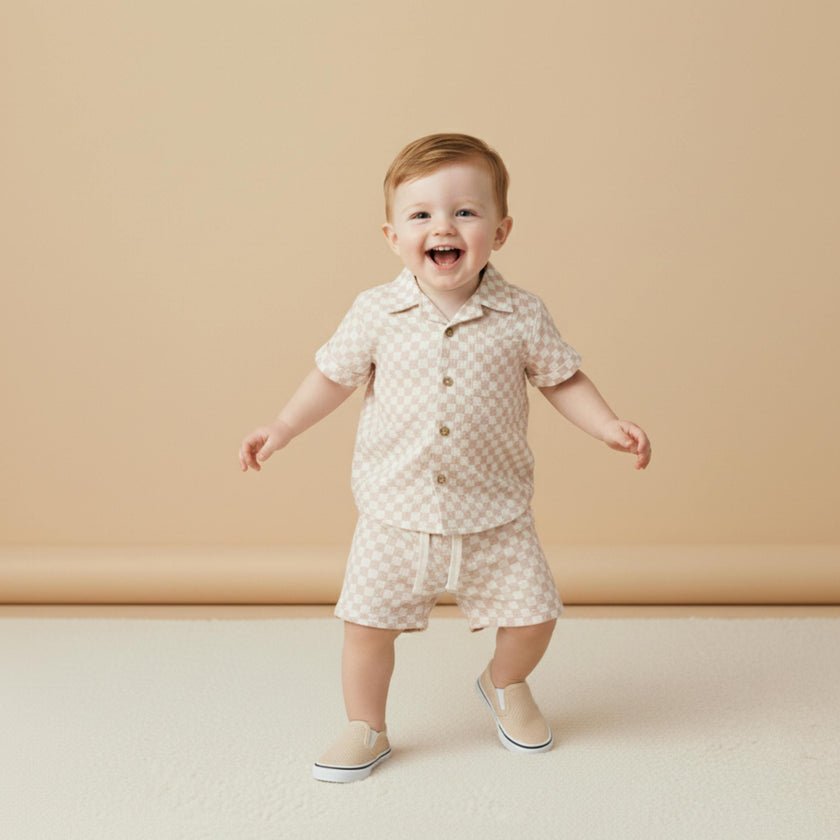 Organic Shirt & Shorts Set - Brick Checks