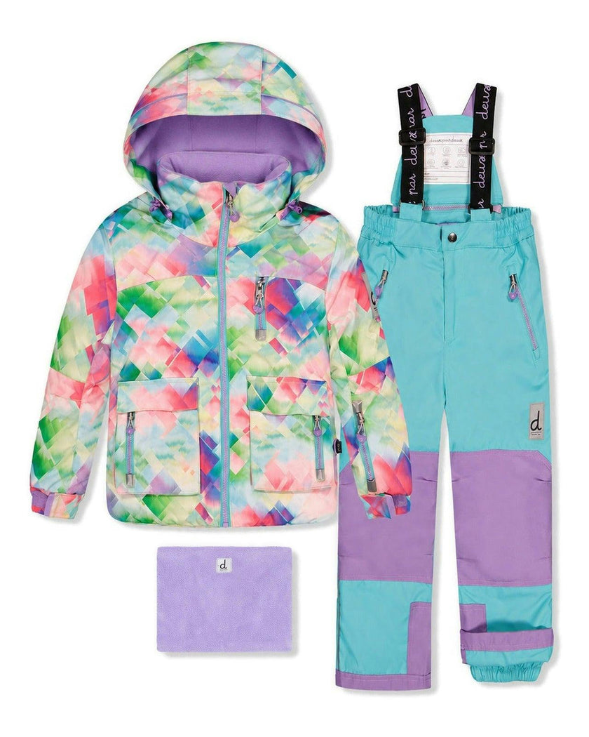 Two Piece Play Snowsuit Multicolored With A Diamond Pattern With Turquoise And Purple Pants