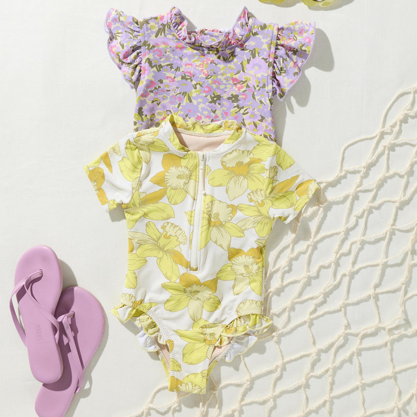 Girls Short Sleeve Arden Suit - Yellow Daffodils