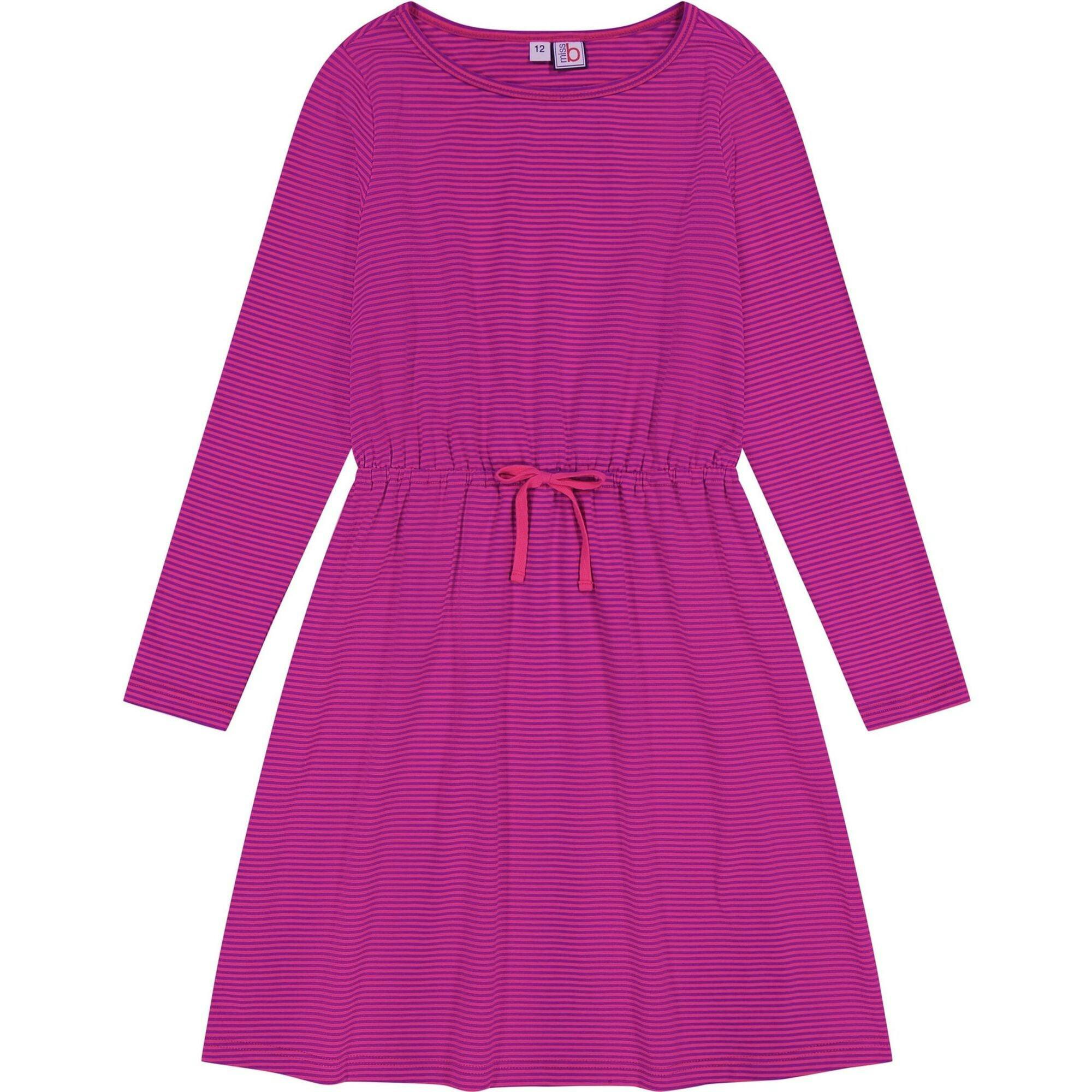 Lila Striped Round Neck Long Sleeve Drawstring Dress, Pink