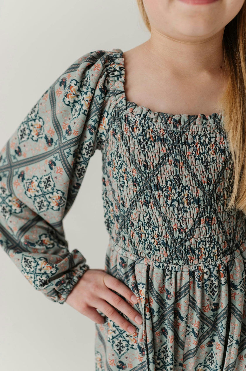 Girls Smocking Knit Jumpsuit in Landon Ethnic Diamond