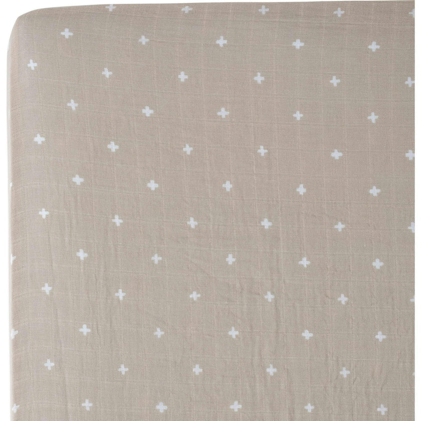 Cotton Muslin Crib Sheet - Taupe Cross