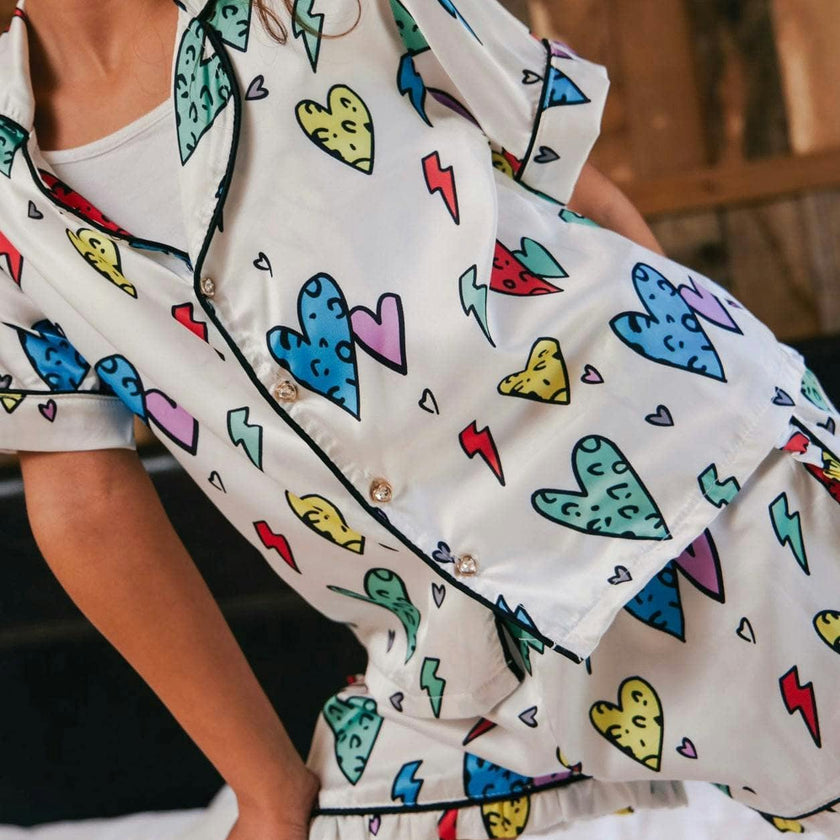 Rainbow Cheetah Heart Silk Shirt & Short Set