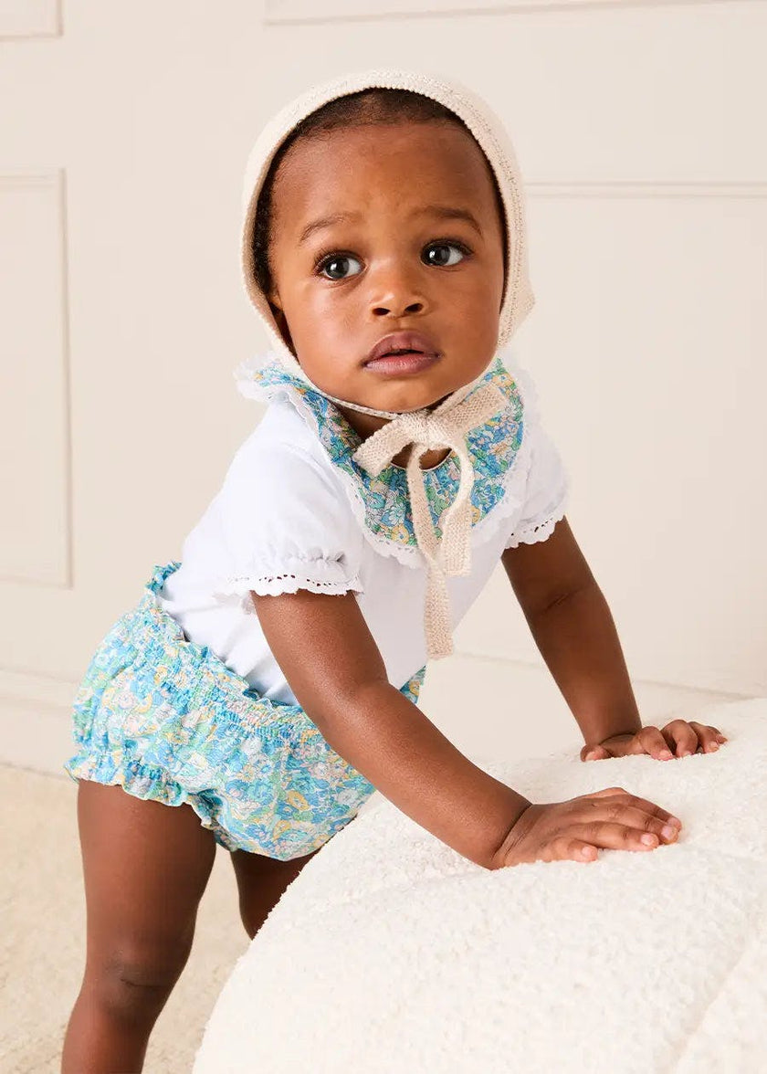 Leontyne Floral Ruffle Collar Lace Detail Bodysuit in Blue Made with Liberty Fabric (1mth-3yrs)
