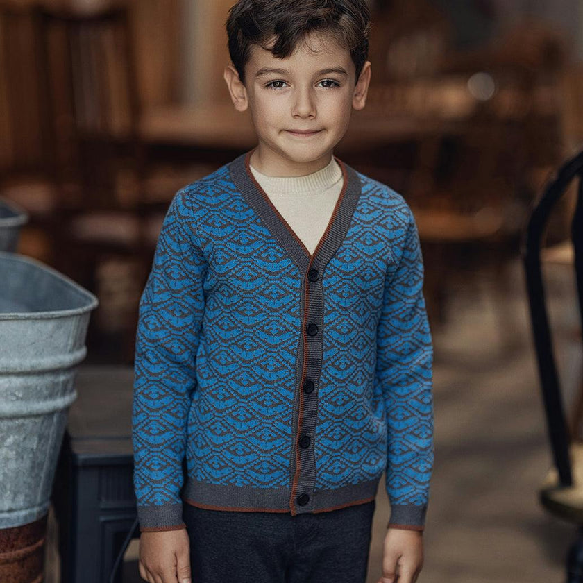 Jacquard Knit Cardigan Charcoal/Blue