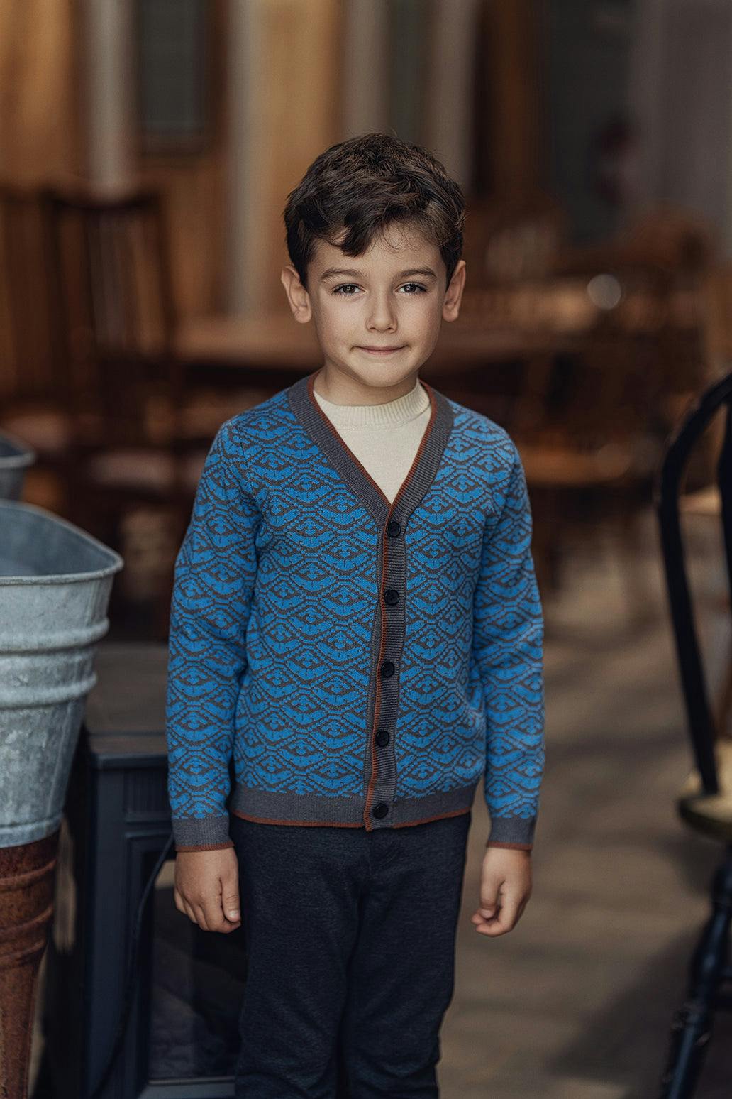 Jacquard Knit Cardigan Charcoal/Blue