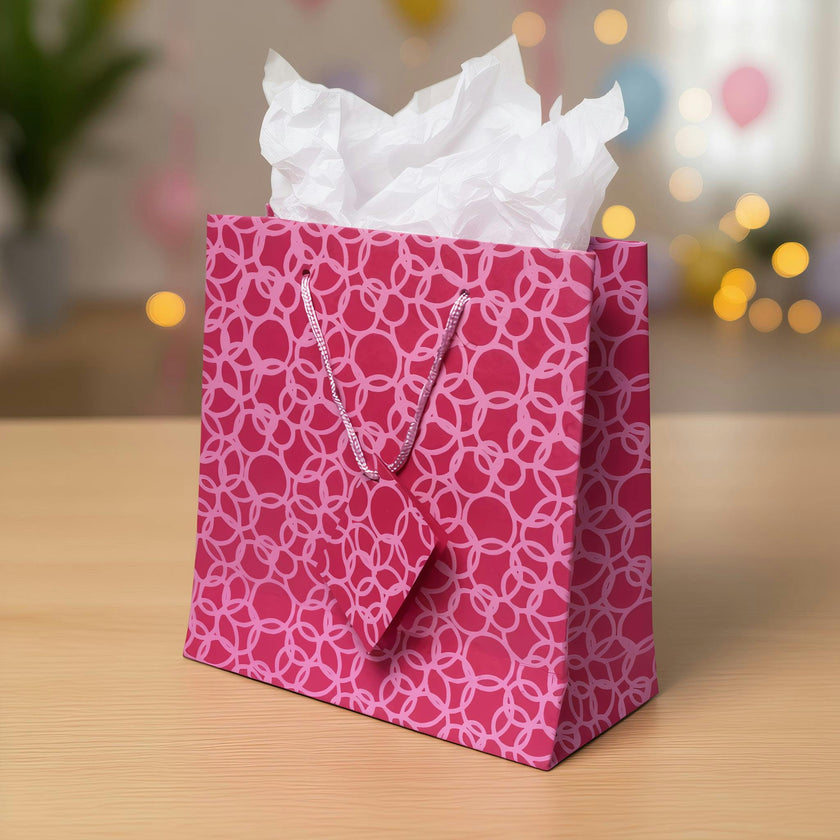 Set of Six Recycled Cotton Gift Bags Tag Pink Circles Design