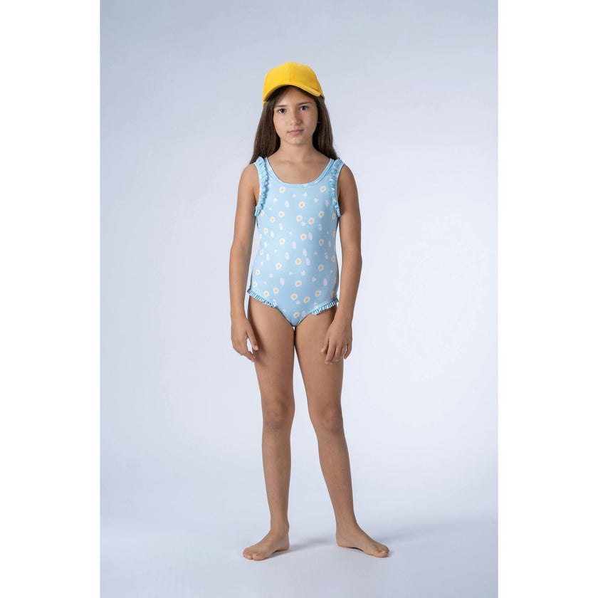 Eggs Print Ruffle Shoulder Swimsuit, Blue