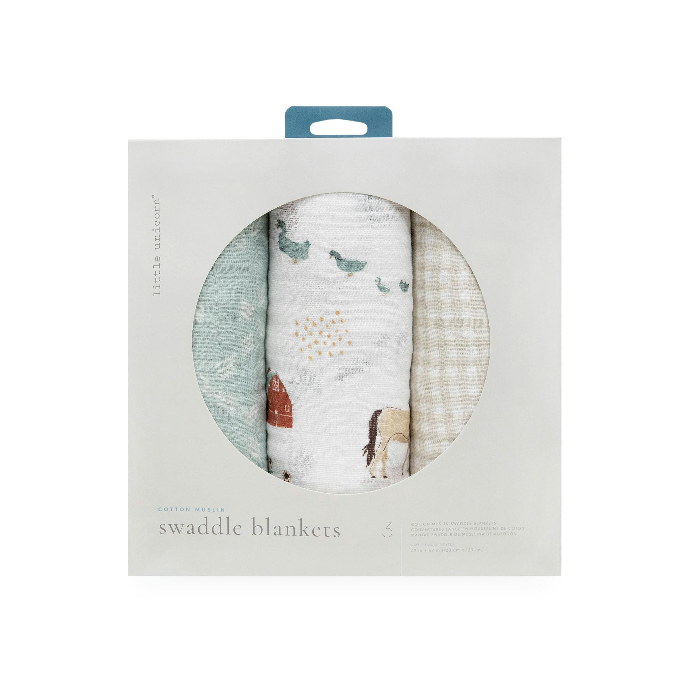 Cotton Muslin Swaddle Blanket 3 Pack - Farmyard