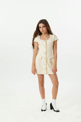 Zoe Cream Dress With Bow Buttons Vegan Leather Cap Sleeve