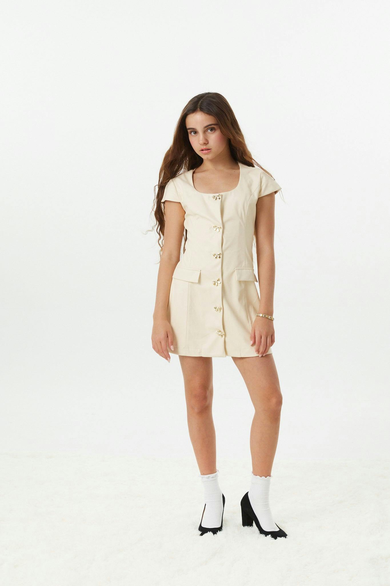 Zoe Cream Dress With Bow Buttons Vegan Leather Cap Sleeve