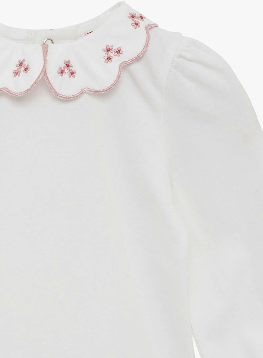 Baby Long-Sleeved Petal Floral Bodysuit in White/Pink