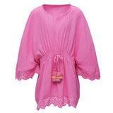 Eyelet Scaloped Trim Waist Tie Beach Cover Up