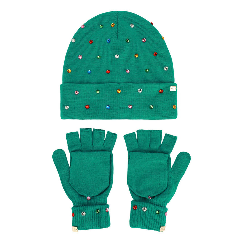 Packed Party Decked in Emerald Rhinestone Beanie and Mittens Set - Double-Layer Rib Knit with Multicolor Rhinestones and Fingerless Gloves, One Size Fits All