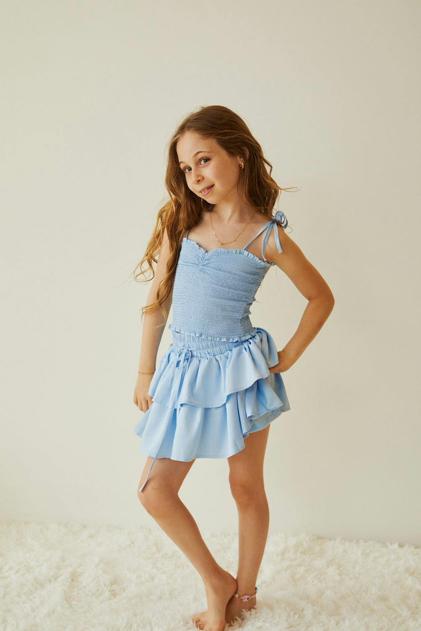 Georgia Pastel Blue Satin Smocked Top