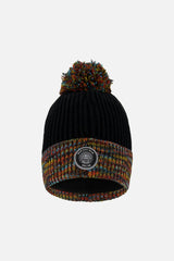 Lined Knit Winter Hat With Pompom Black And Multicolor