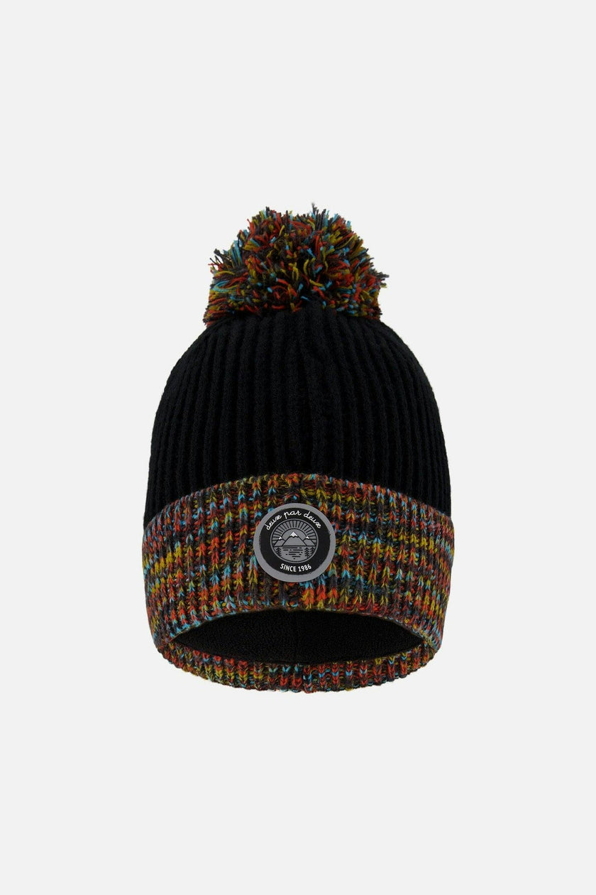 Lined Knit Winter Hat With Pompom Black And Multicolor