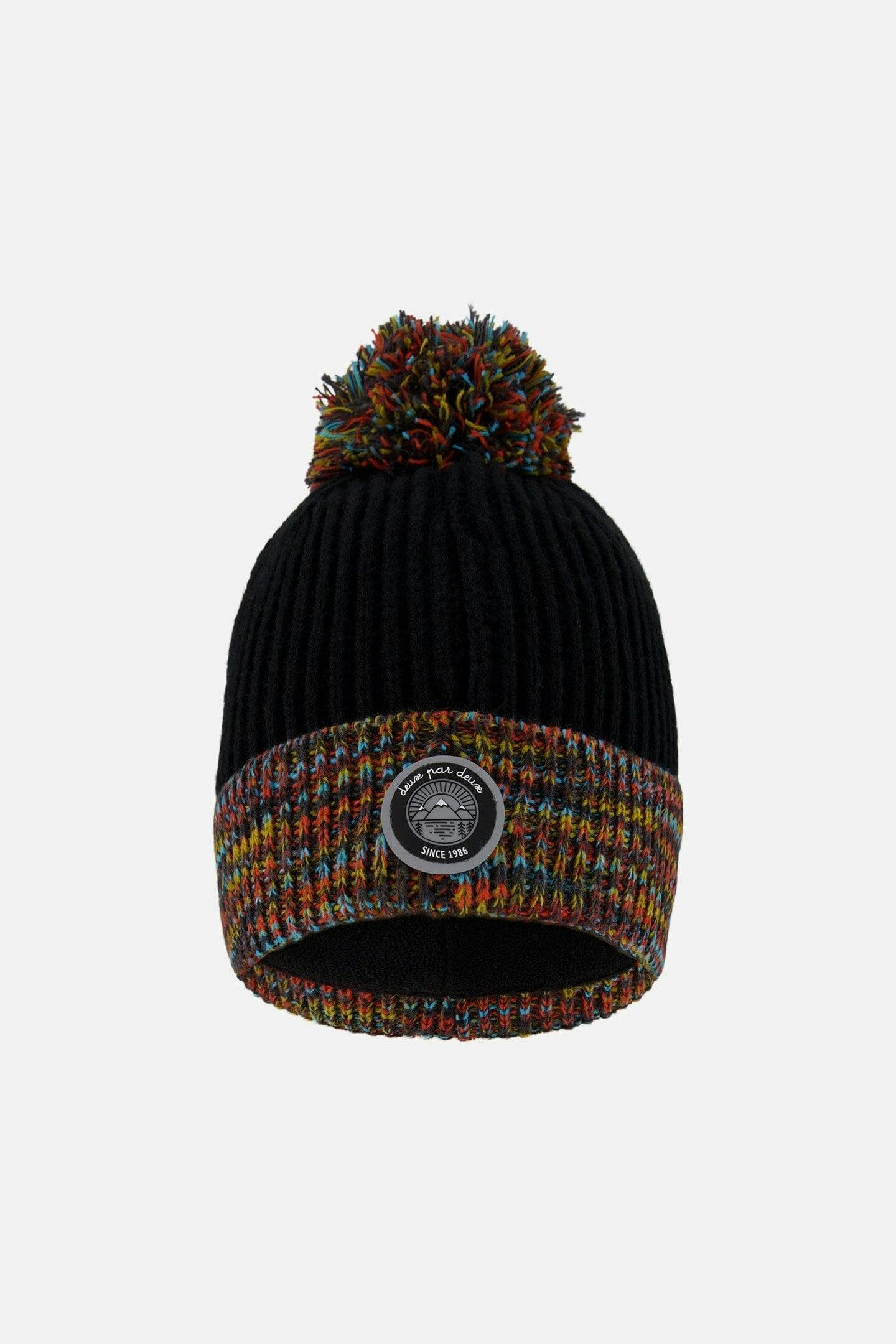 Lined Knit Winter Hat With Pompom Black And Multicolor