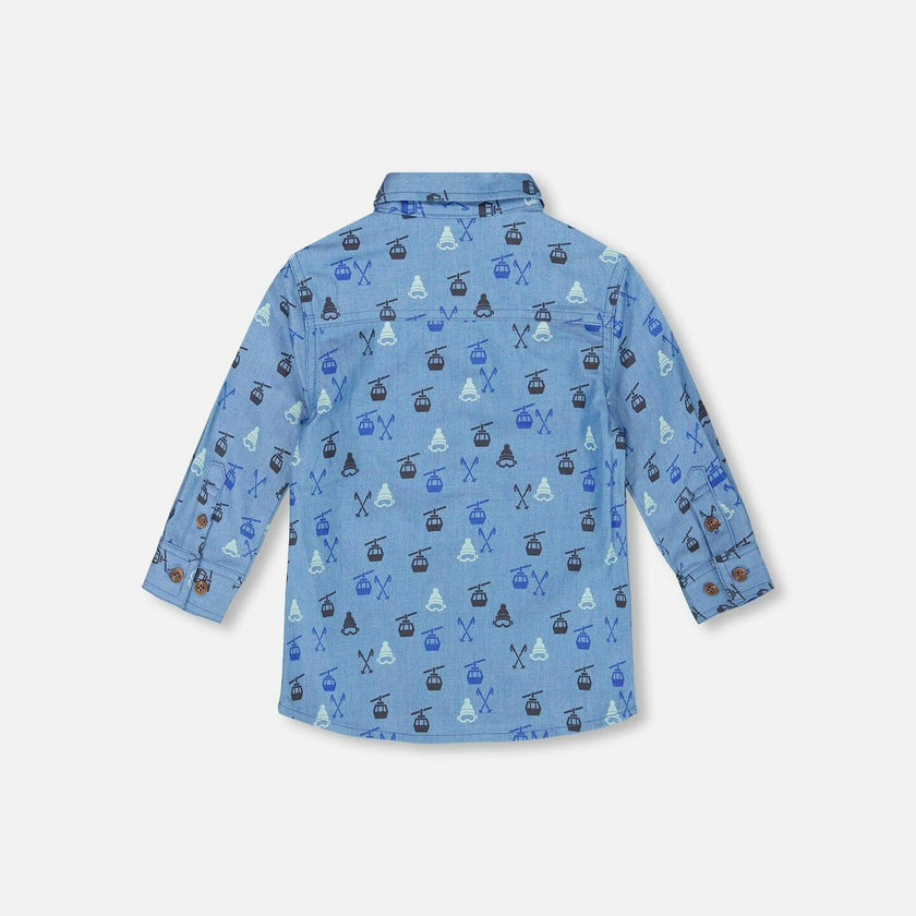 Printed Long Sleeve Button Front Chambray Shirt