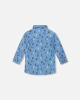 Printed Long Sleeve Button Front Chambray Shirt